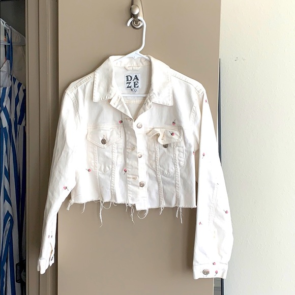 Lazy Daze Apparel Jackets & Blazers - White Flowered Jean cropped jacket